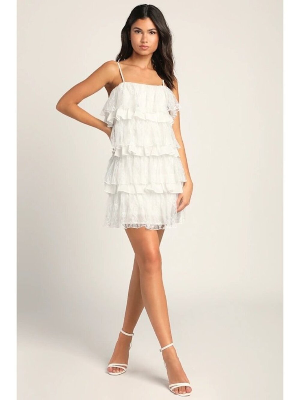 Fashion Nova Tiered Lace Sleeveless Mini Dress Size XL White Ruffle Tie Front